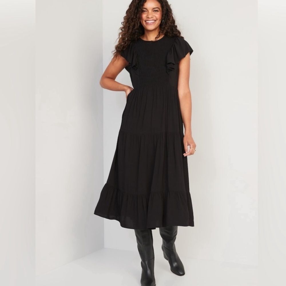 Old Navy Black Smocked Midi Dress Flutter Sleeve Tiered Fit & Flare Women's